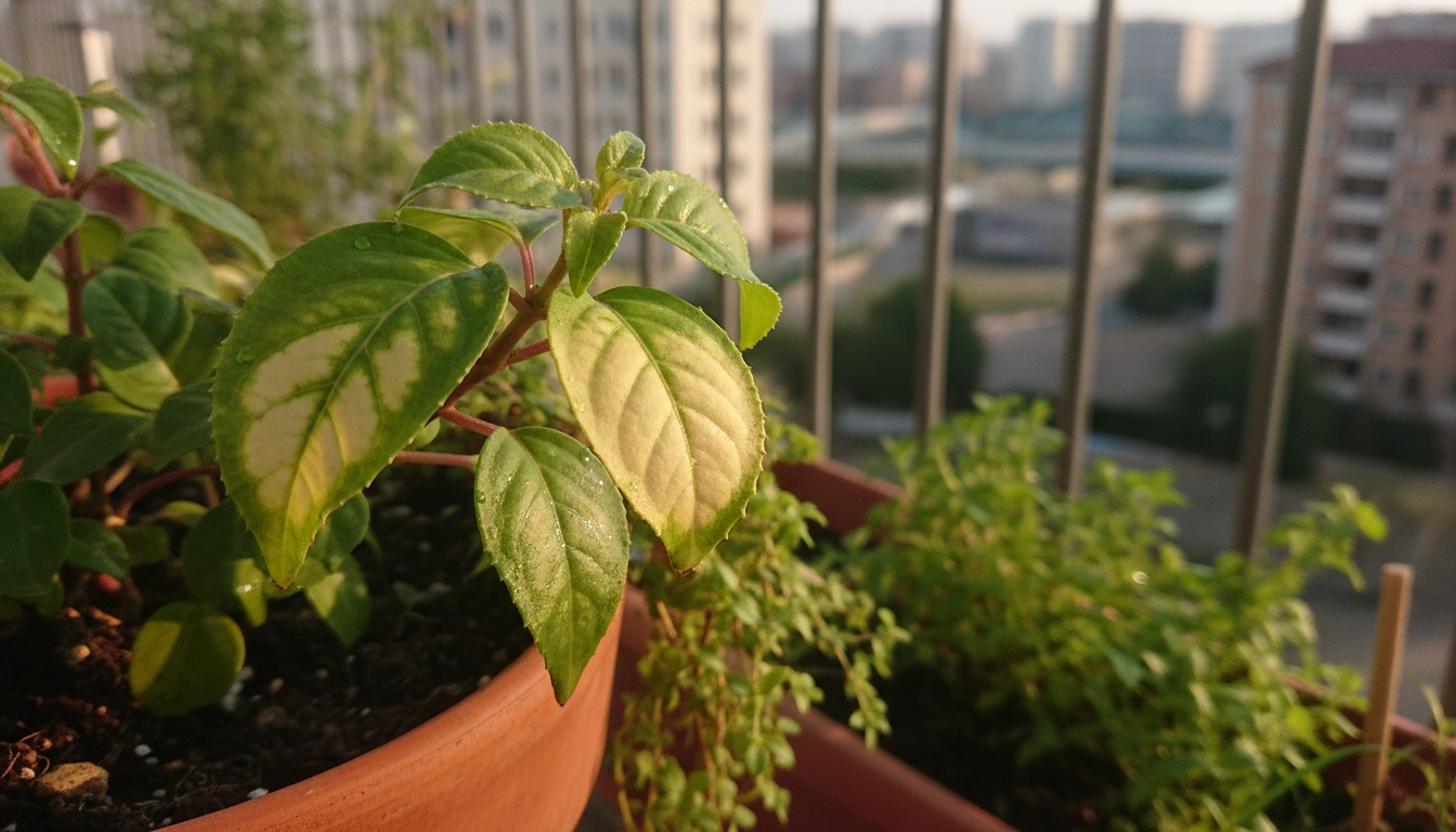 Feuilles jaunies montrant des signes de carence en nutriments plantes balcon sur une terrasse urbaine.