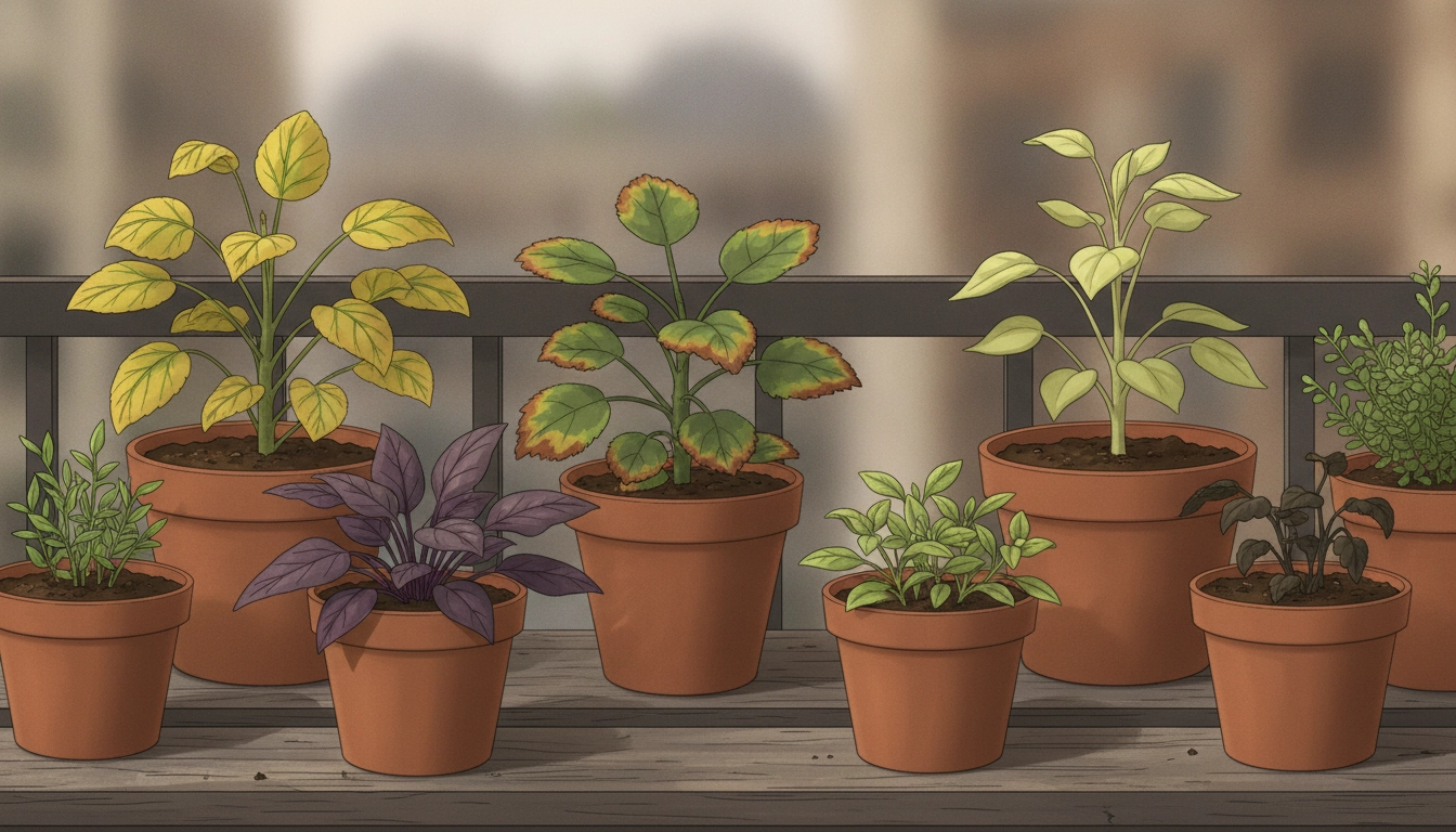 Plante de balcon présentant des signes de carence en nutriments plantes balcon avec des feuilles jaunies.