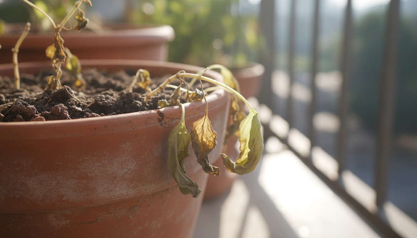 Gros plan montrant les signes manque eau plantes aromatiques balcon sur un basilic