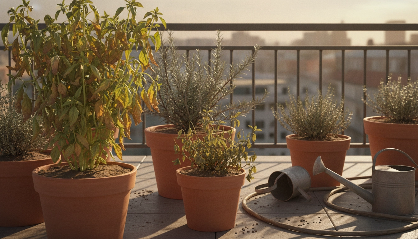 Signes manque eau plantes aromatiques balcon sur un pot de basilic flétri