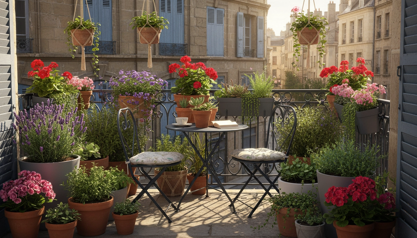 Balcon urbain fleuri illustrant le soin des plantes urbaines avec diverses espèces en bacs et jardinières