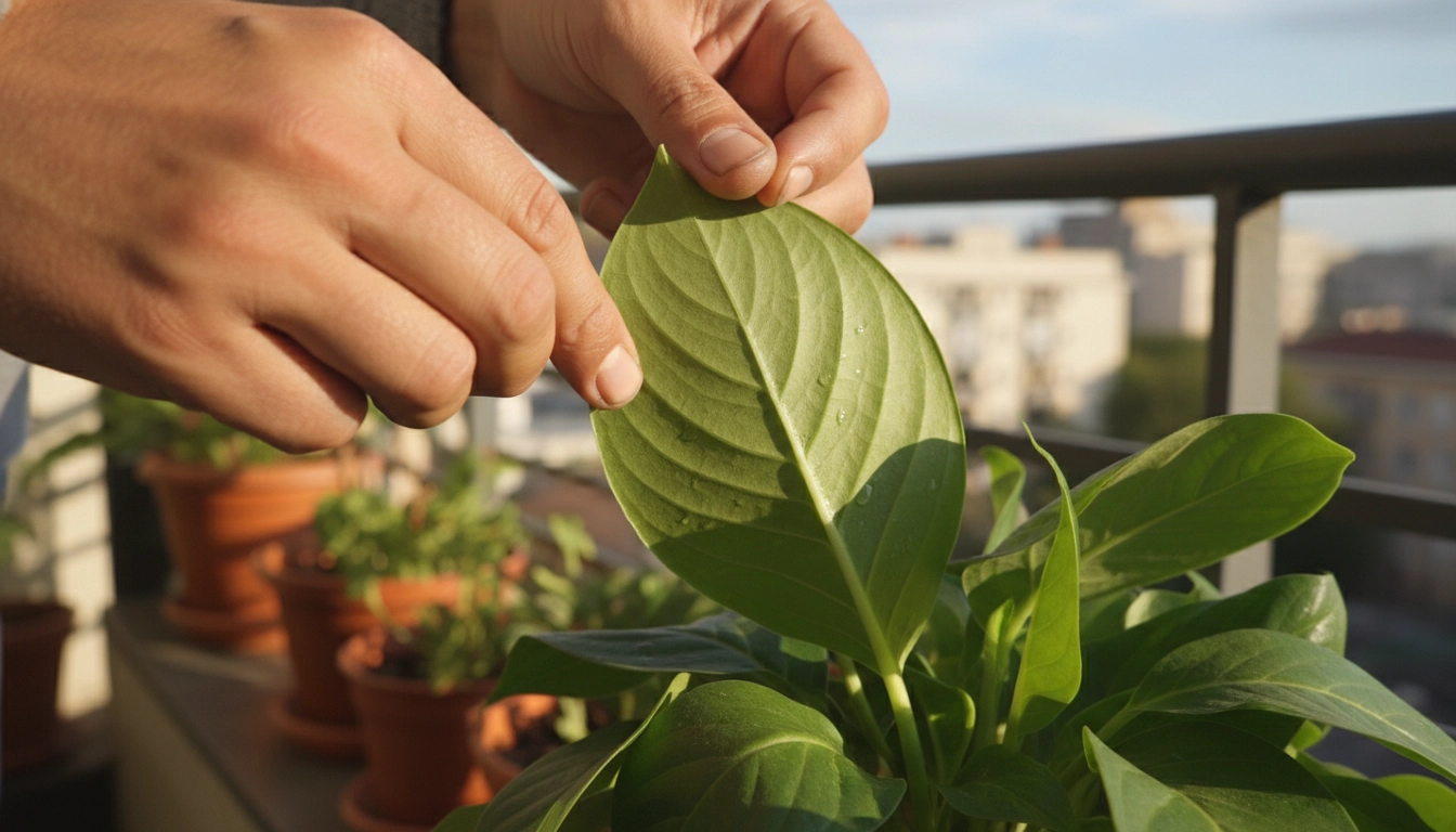 Inspection des feuilles d'une plante de balcon pour détecter parasites et maladies, soin régulier des végétaux