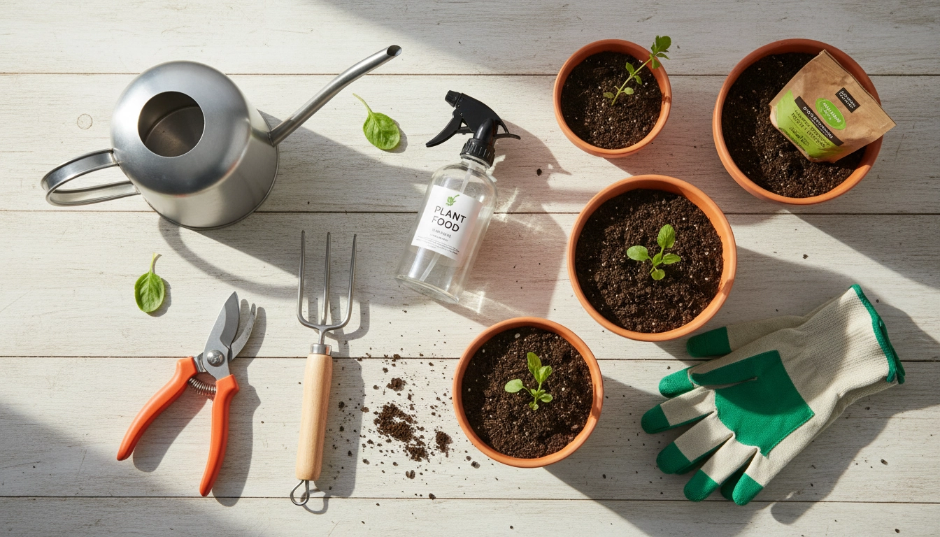 Outils essentiels pour le soin des plantes urbaines sur un balcon : arrosoir, sécateur, terreau et pulvérisateur