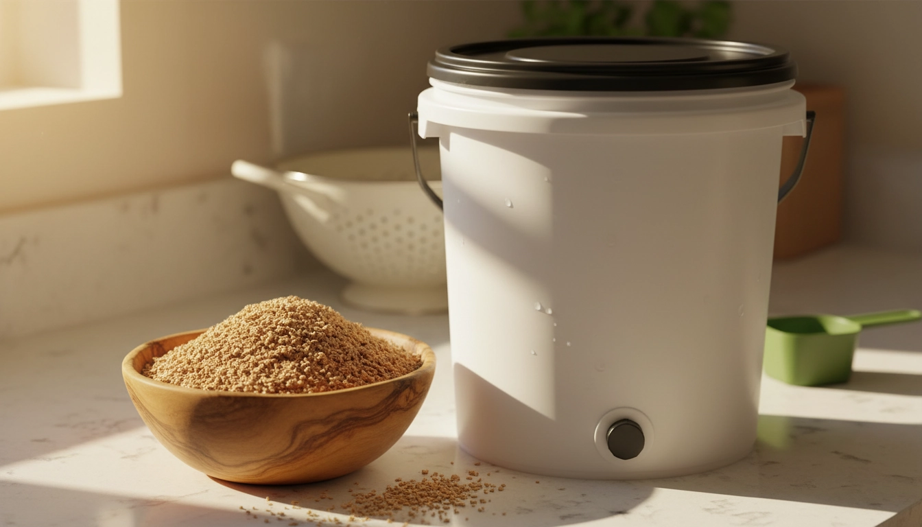 Quel son de bokashi utiliser pour la fermentation : son de blé EM dans un bol en bois posé à côté d'un seau bokashi
