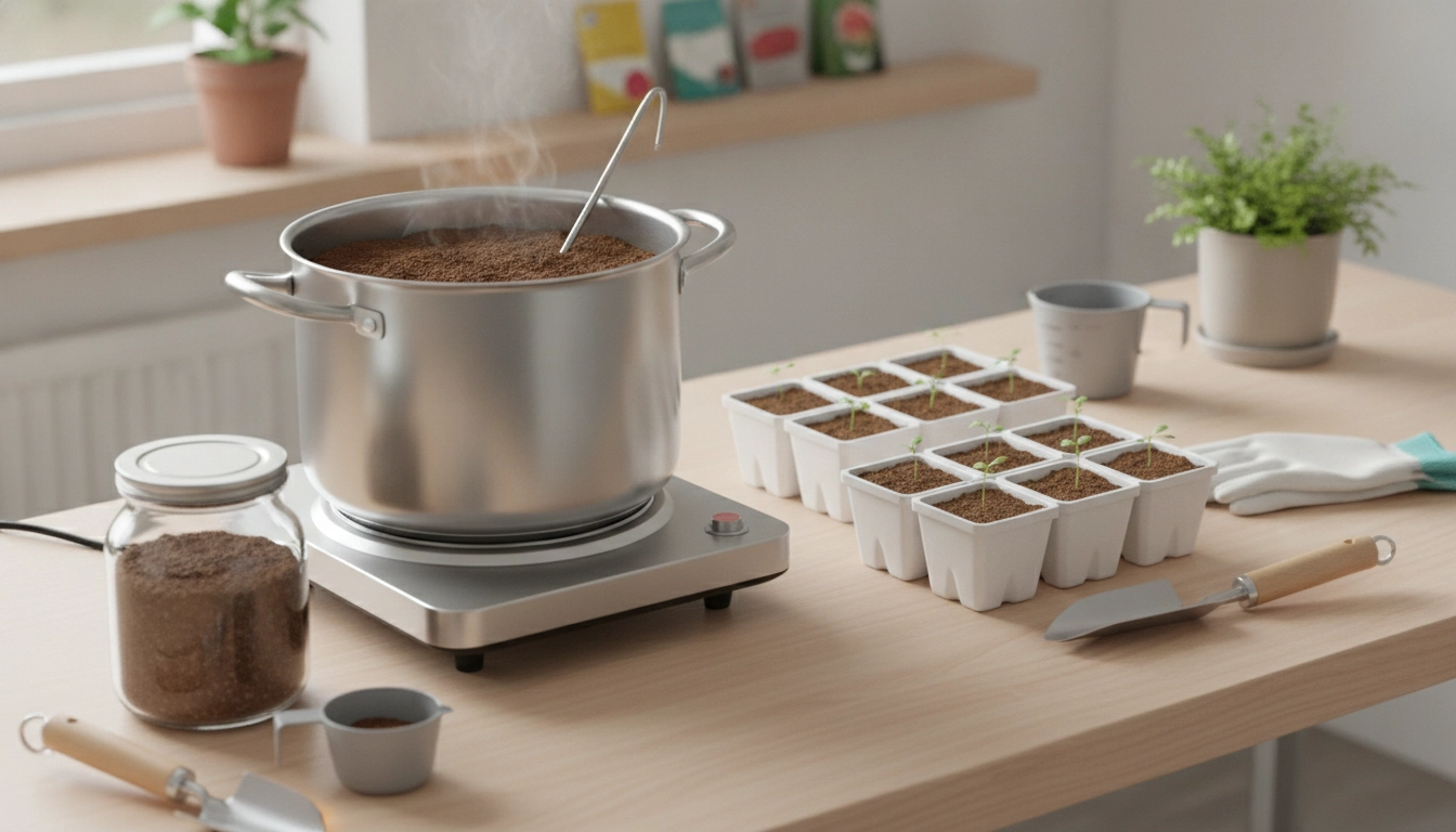 Un jardinier en train de préparer et stériliser substrat semis éviter fonte semis dans sa cuisine.