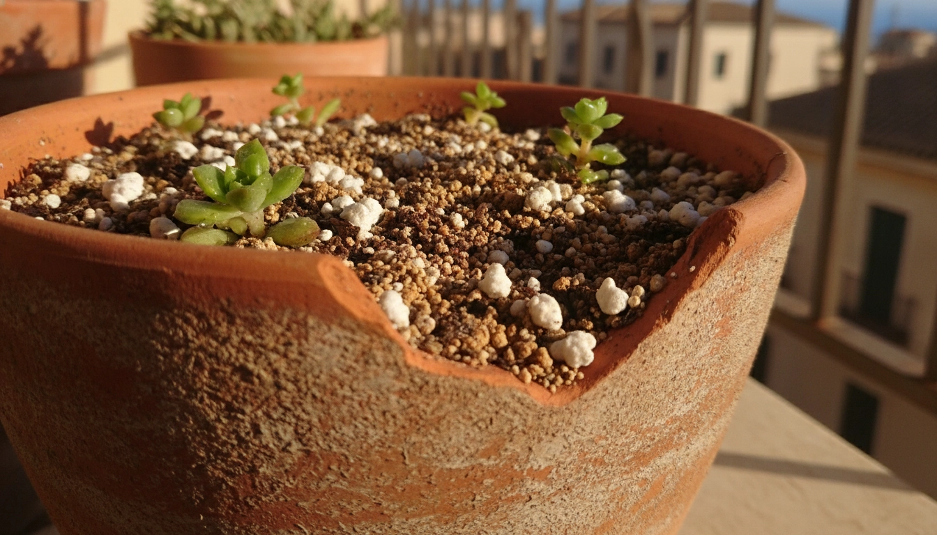 Préparation d'un substrat bouturage plantes grasses succulentes balcon dans un pot en terre cuite.