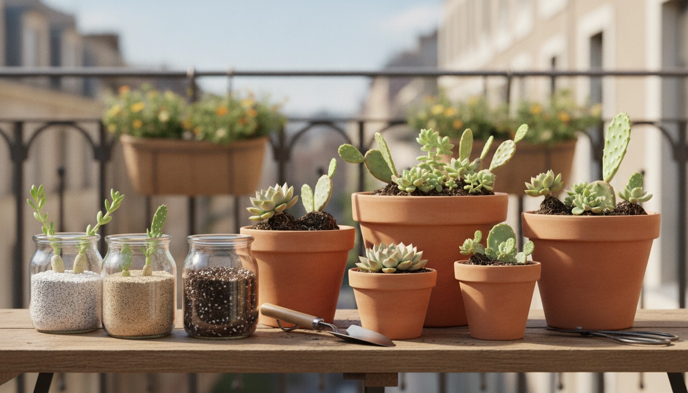 Pot en terre cuite rempli d'un mélange minéral drainant pour boutures de succulentes.