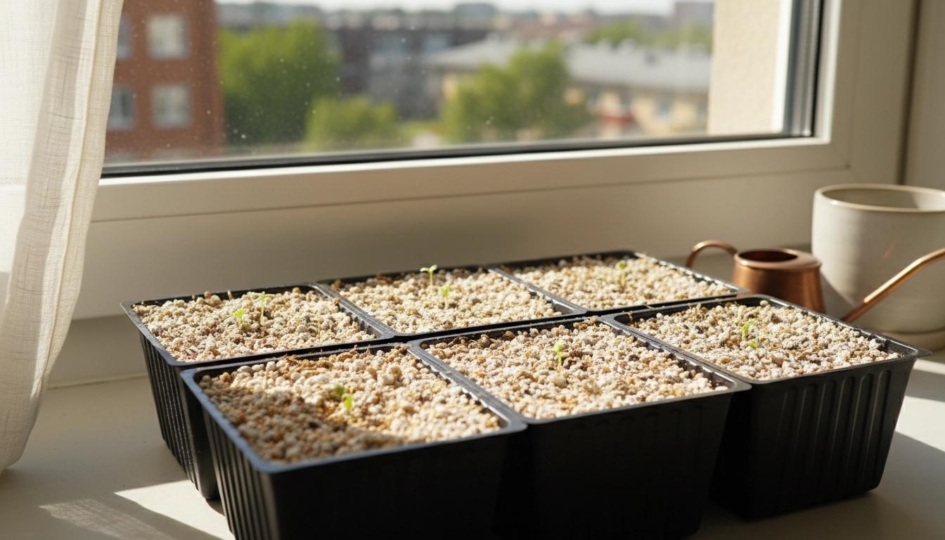 Substrat idéal pour semis en intérieur en appartement dans des plaques de semis avec de la perlite et de la vermiculite visibles