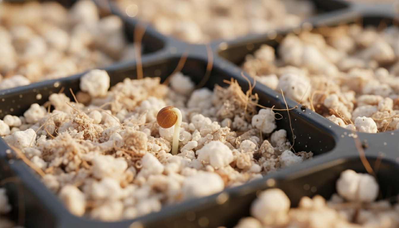 Graine en germination dans un substrat léger aéré illustrant pourquoi un substrat léger favorise la germination des semis