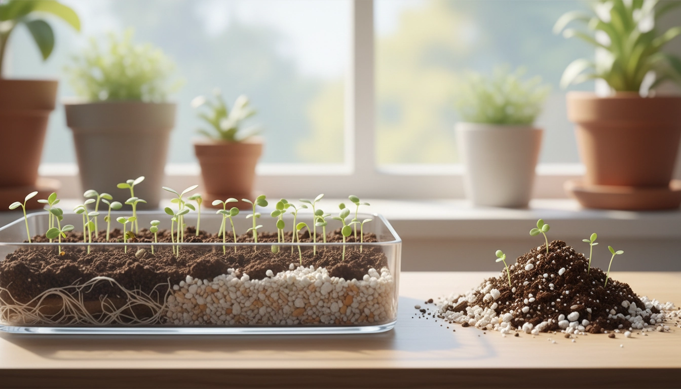Substrat léger pour semis dans des alvéoles de culture avec de jeunes plantules en germination