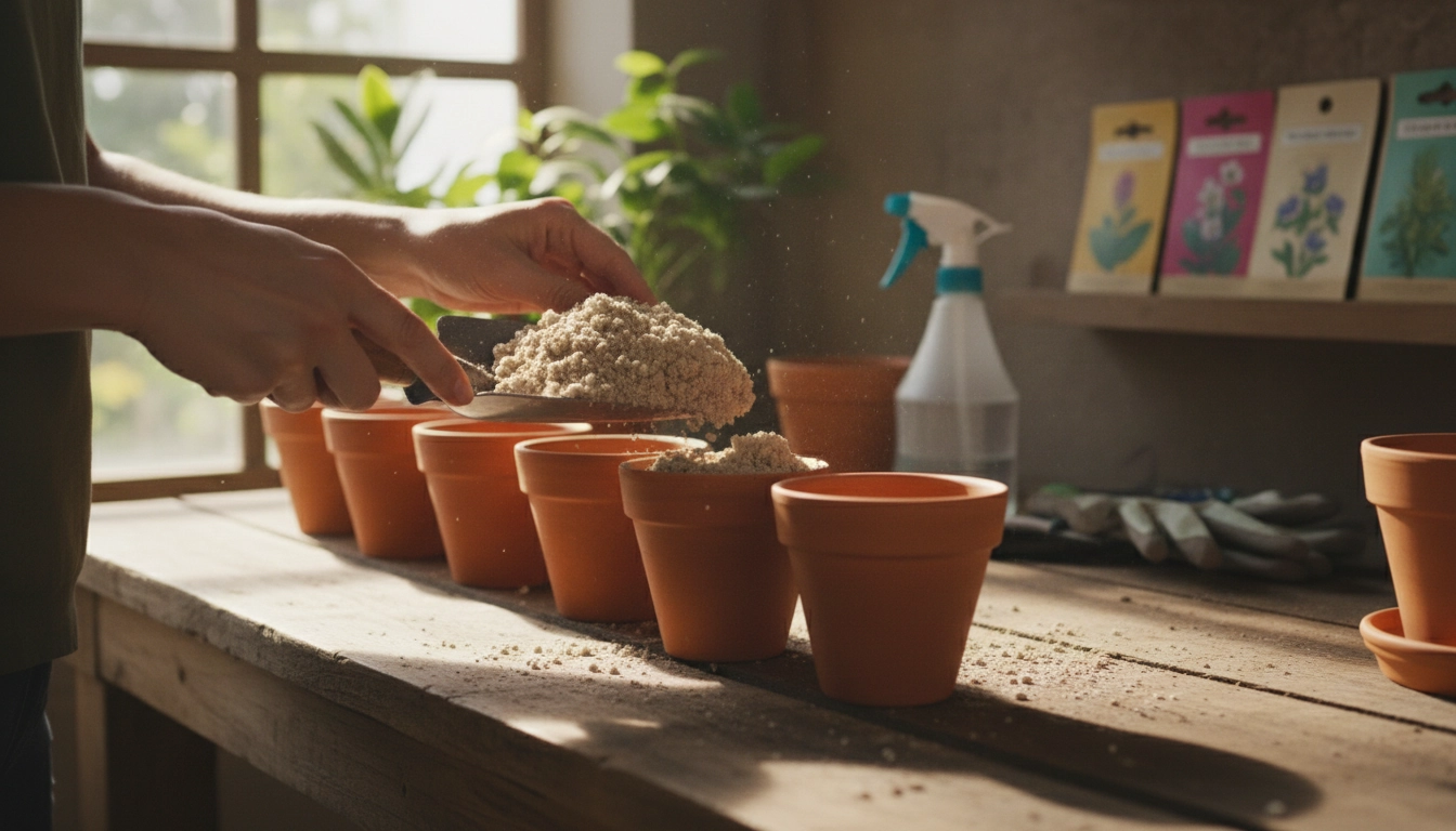 Préparation d'un substrat de semis maison léger dans des petits pots en terre cuite sur un établi de jardinage