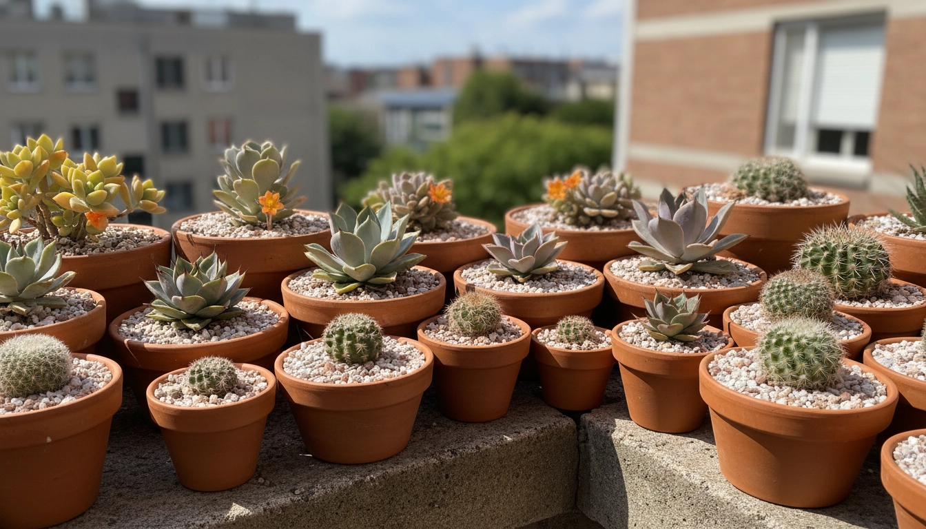 Succulentes en pots sur balcon dans un substrat de bouturage minéral et drainant adapté aux plantes grasses