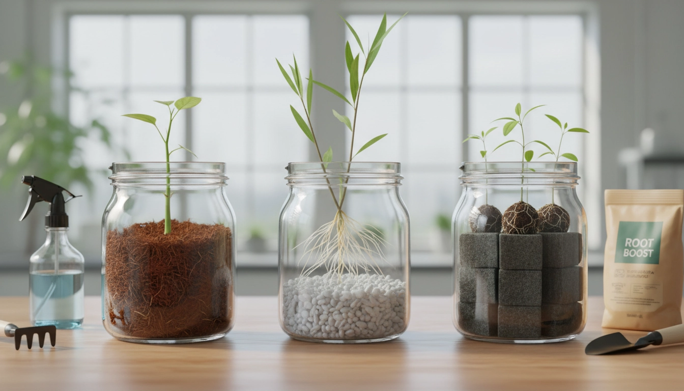 Différents composants d'un substrat semis bouturage : perlite, vermiculite, fibre de coco et sable disposés en bols sur une table en bois