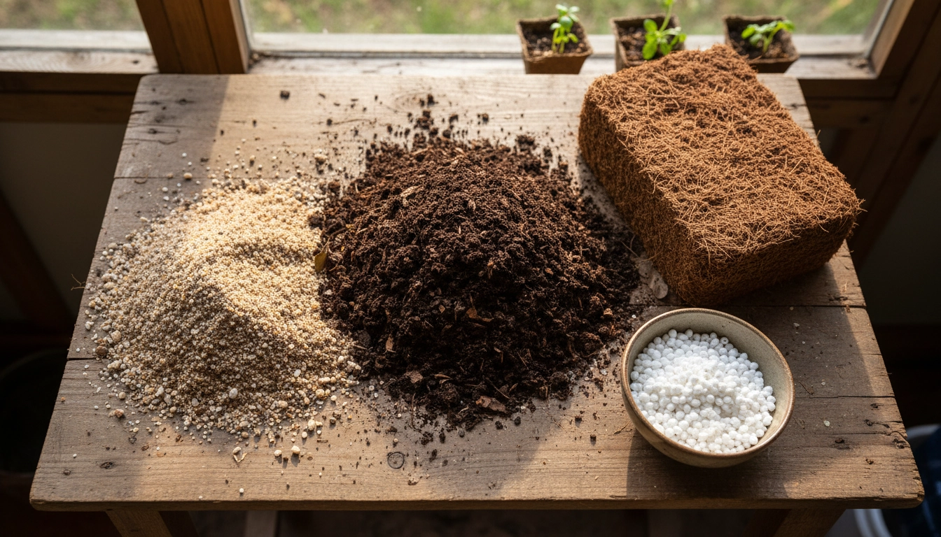 Ingrédients naturels pour préparer un substrat semis maison sans terreau du commerce : compost, sable, fibre de coco et perlite