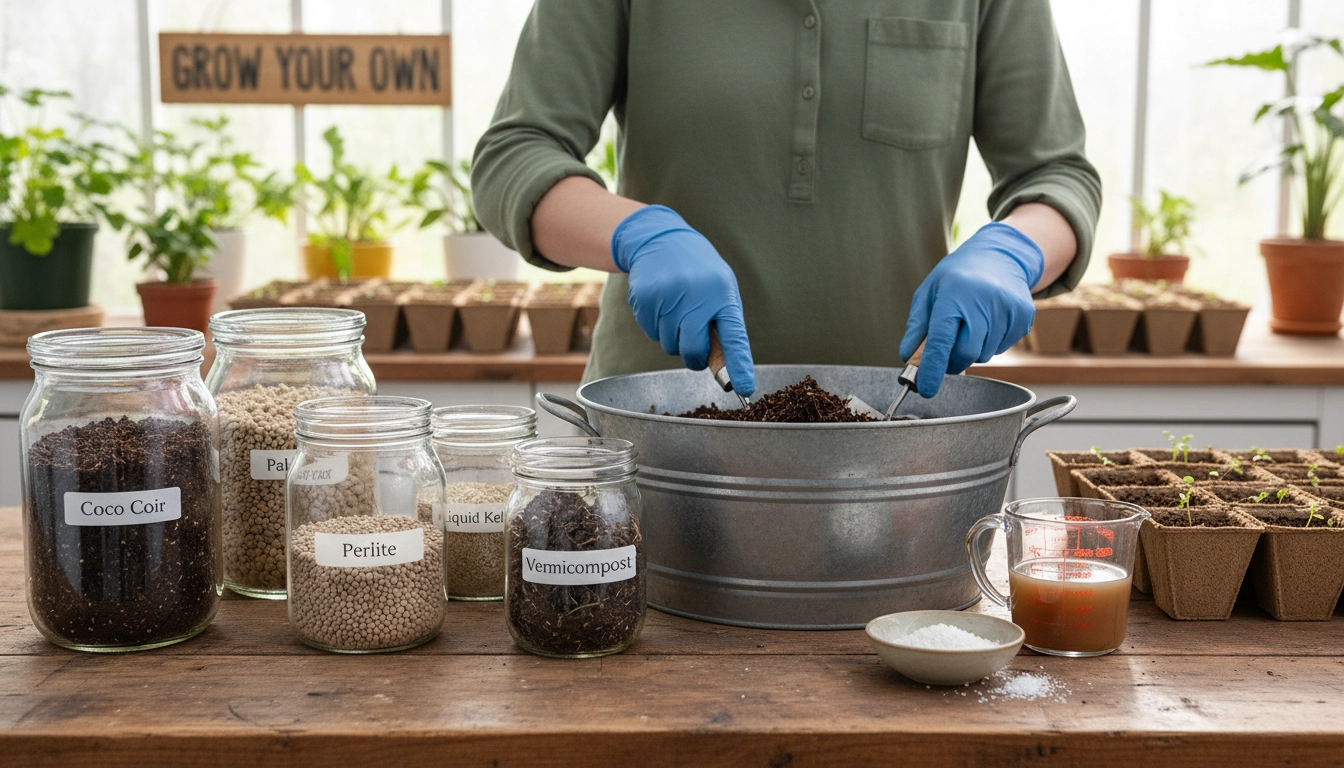 Préparation d'un substrat de semis maison avec compost, sable et fibre de coco dans une bassine de jardin