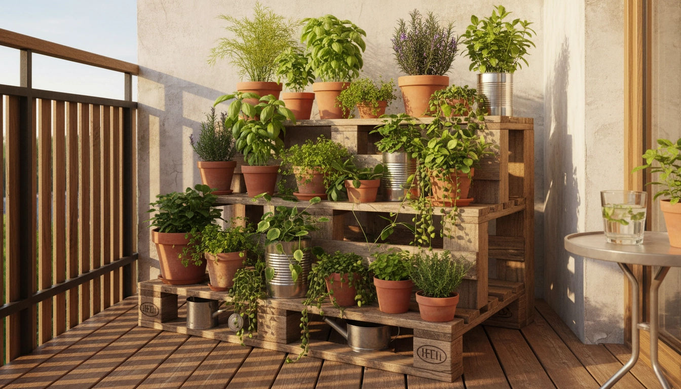 Support plantes DIY fabriqué avec une palette de bois récupérée sur un balcon ensoleillé