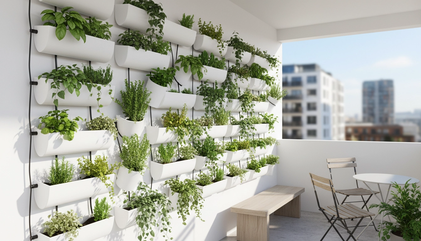 Jardin vertical DIY avec des tuyaux PVC recyclés fixés sur un mur de balcon urbain