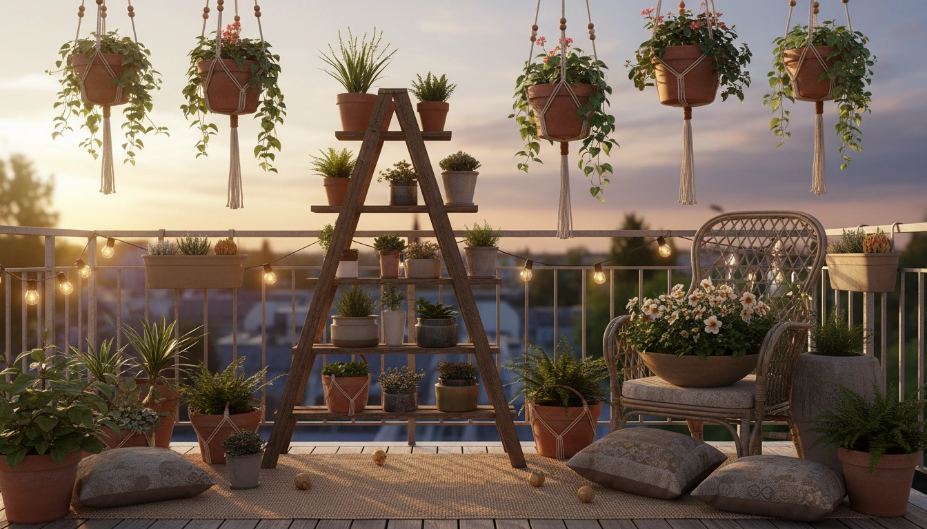 Collection de supports à plantes DIY variés sur un balcon : macramé, échelle en bois et vieille chaise recyclée