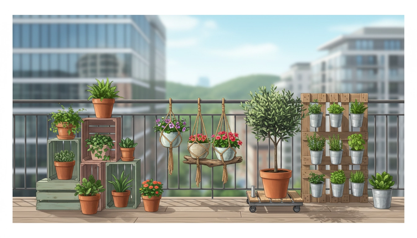 Support plantes DIY fabriqué à partir d'une palette de bois récupérée sur un balcon fleuri