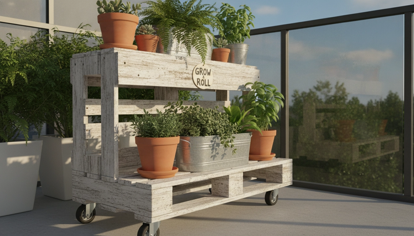 Détail d'un roulette palette bois support plantes mobile balcon sur une terrasse