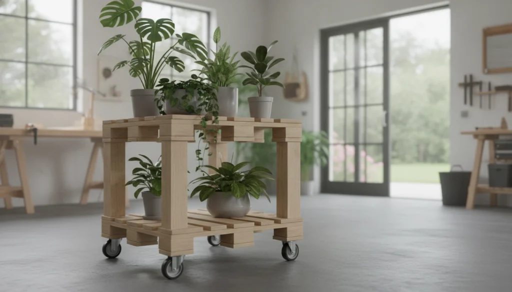 Un support de fleurs fabriqué en palette bois avec roulettes sur un balcon ensoleillé