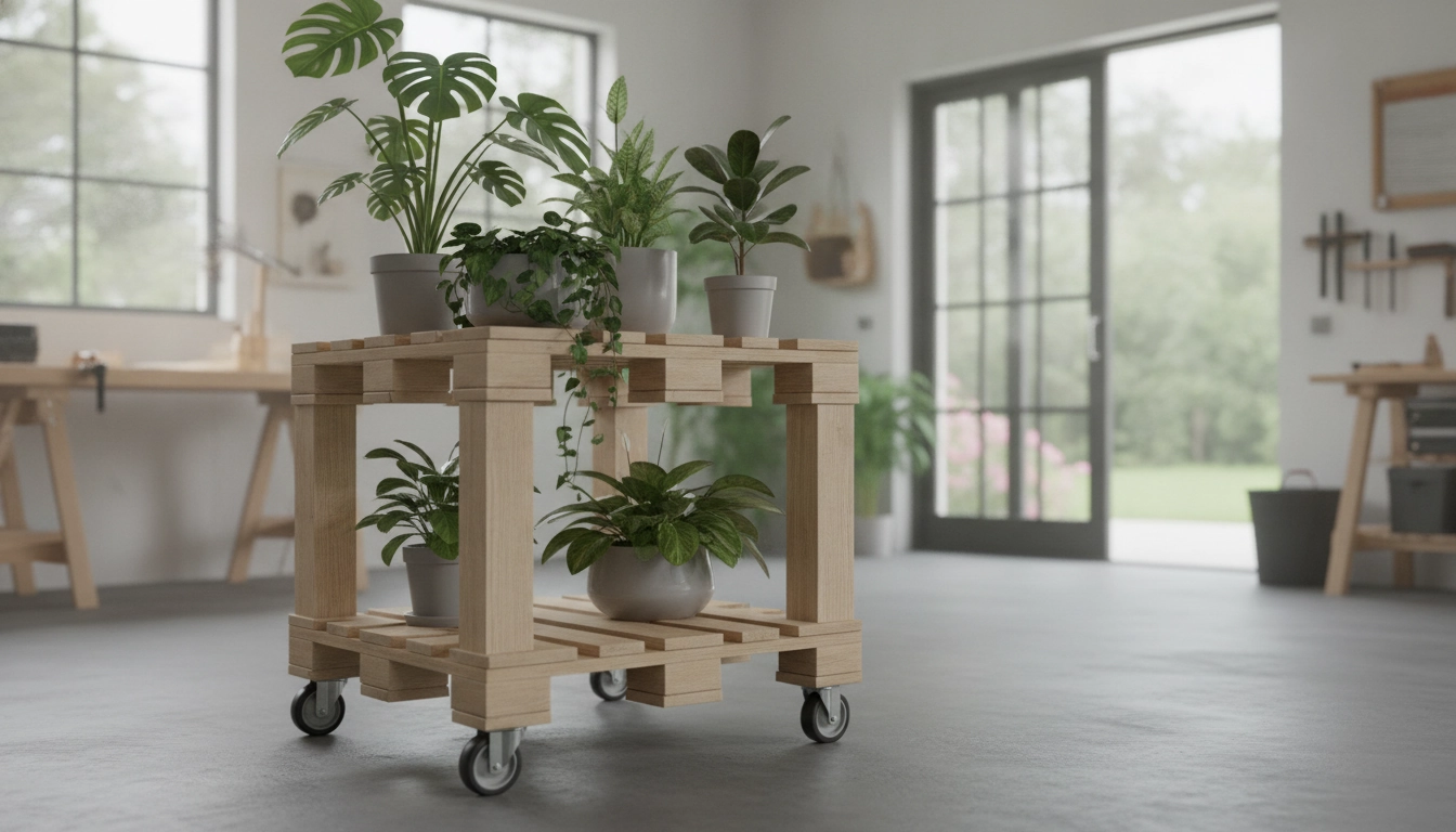 Un support de fleurs fabriqué en palette bois avec roulettes sur un balcon ensoleillé
