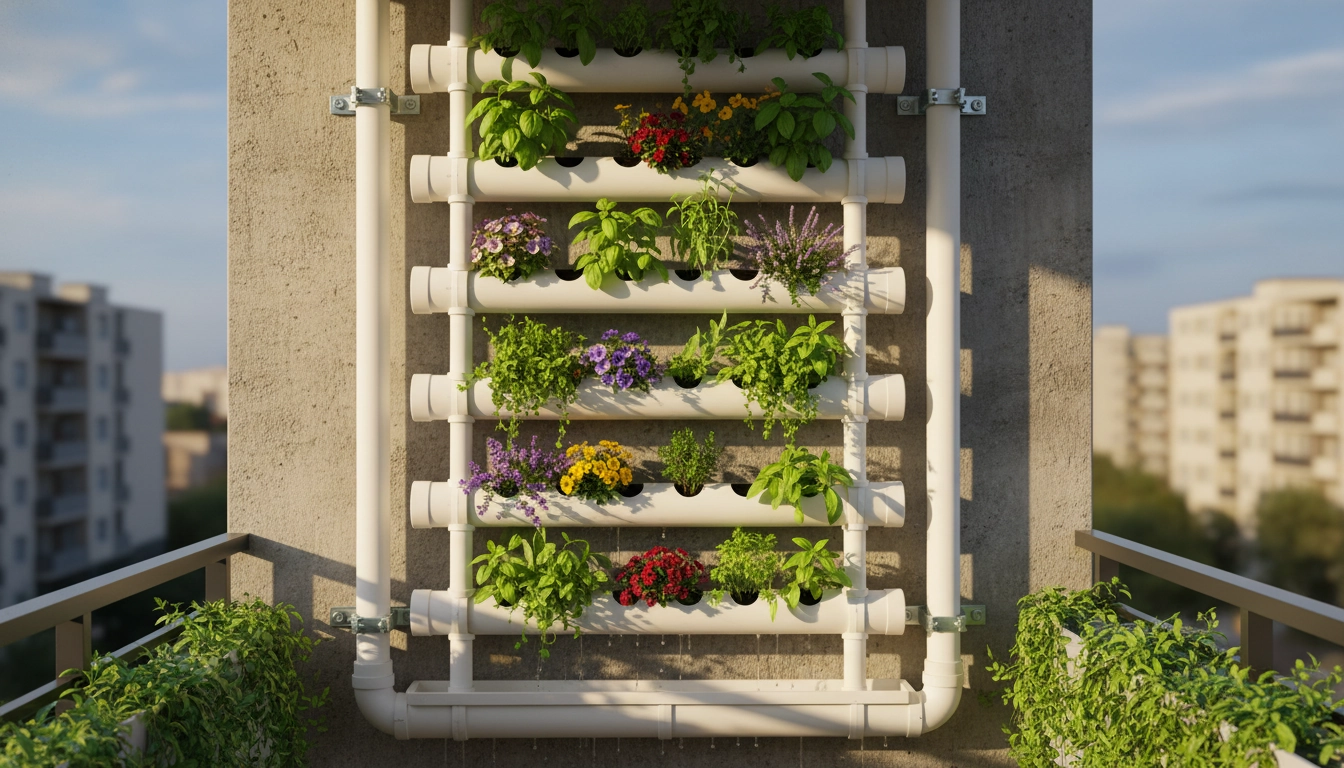 Support plantes vertical mur balcon tuyau PVC avec herbes aromatiques vertes et fleurs colorées sous la lumière du soleil