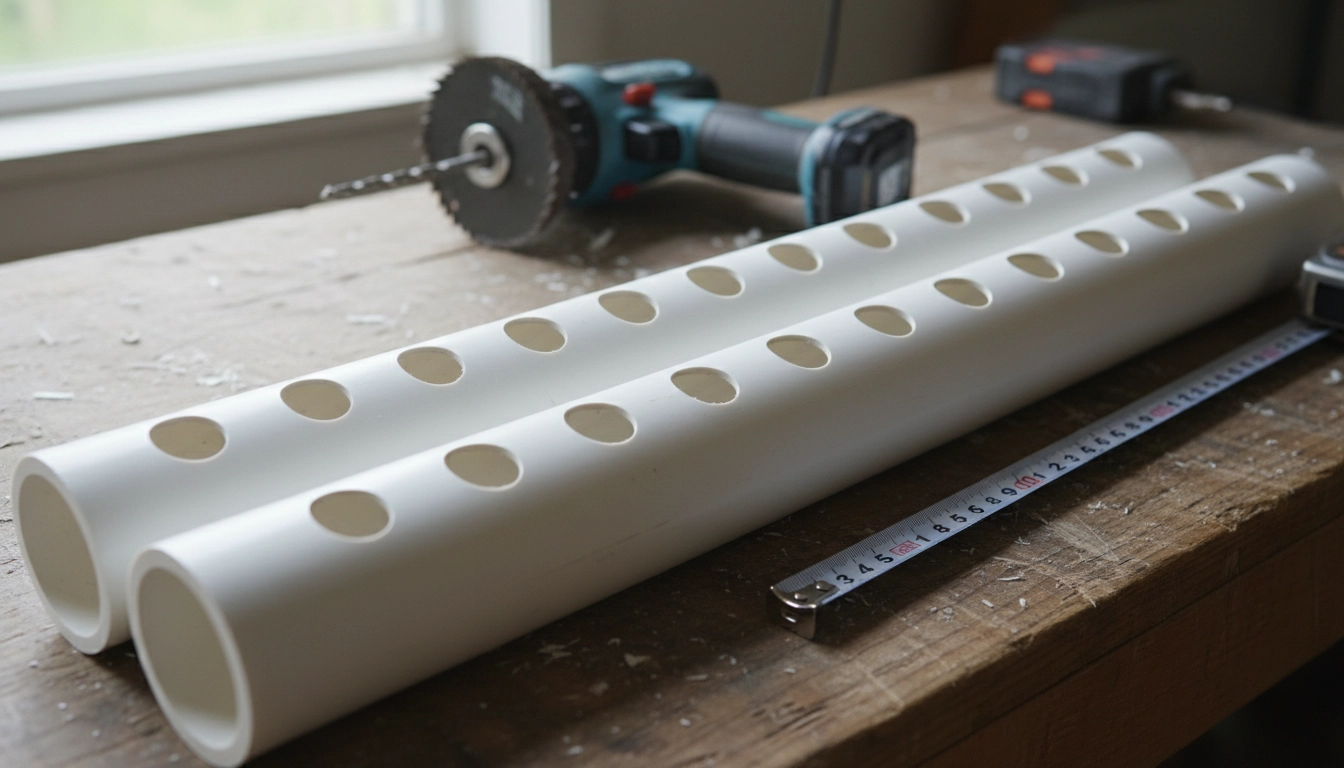 Tuyaux PVC découpés et préparés pour la fabrication d'un support plantes vertical mur balcon tuyau PVC