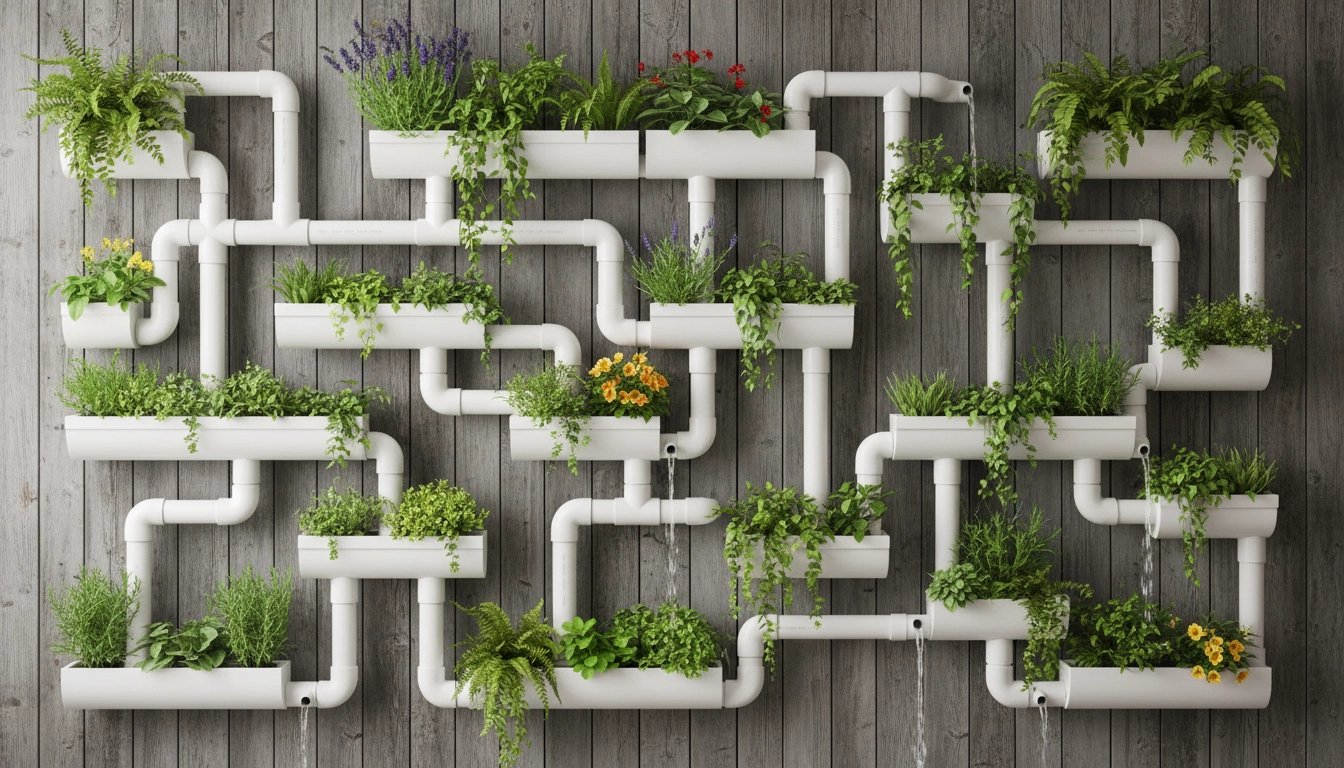 Support plantes vertical mur balcon tuyau PVC avec herbes aromatiques et fleurs colorées sur balcon ensoleillé