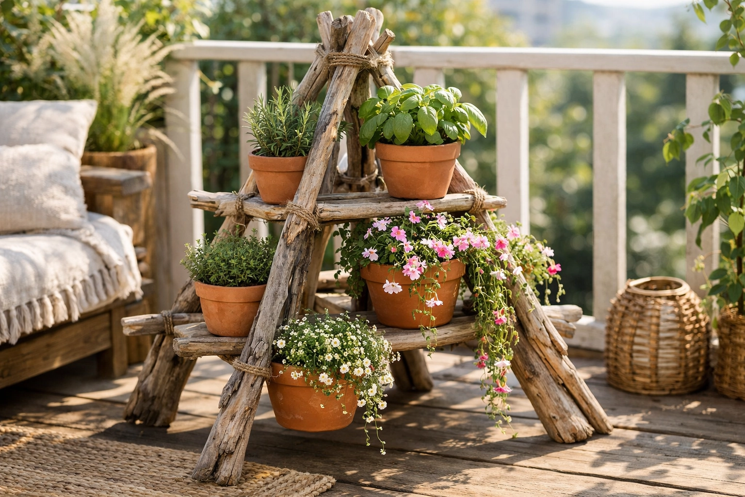 Support pot de fleurs bois flotté naturel DIY sur balcon ensoleillé avec pots en terre cuite et plantes vertes