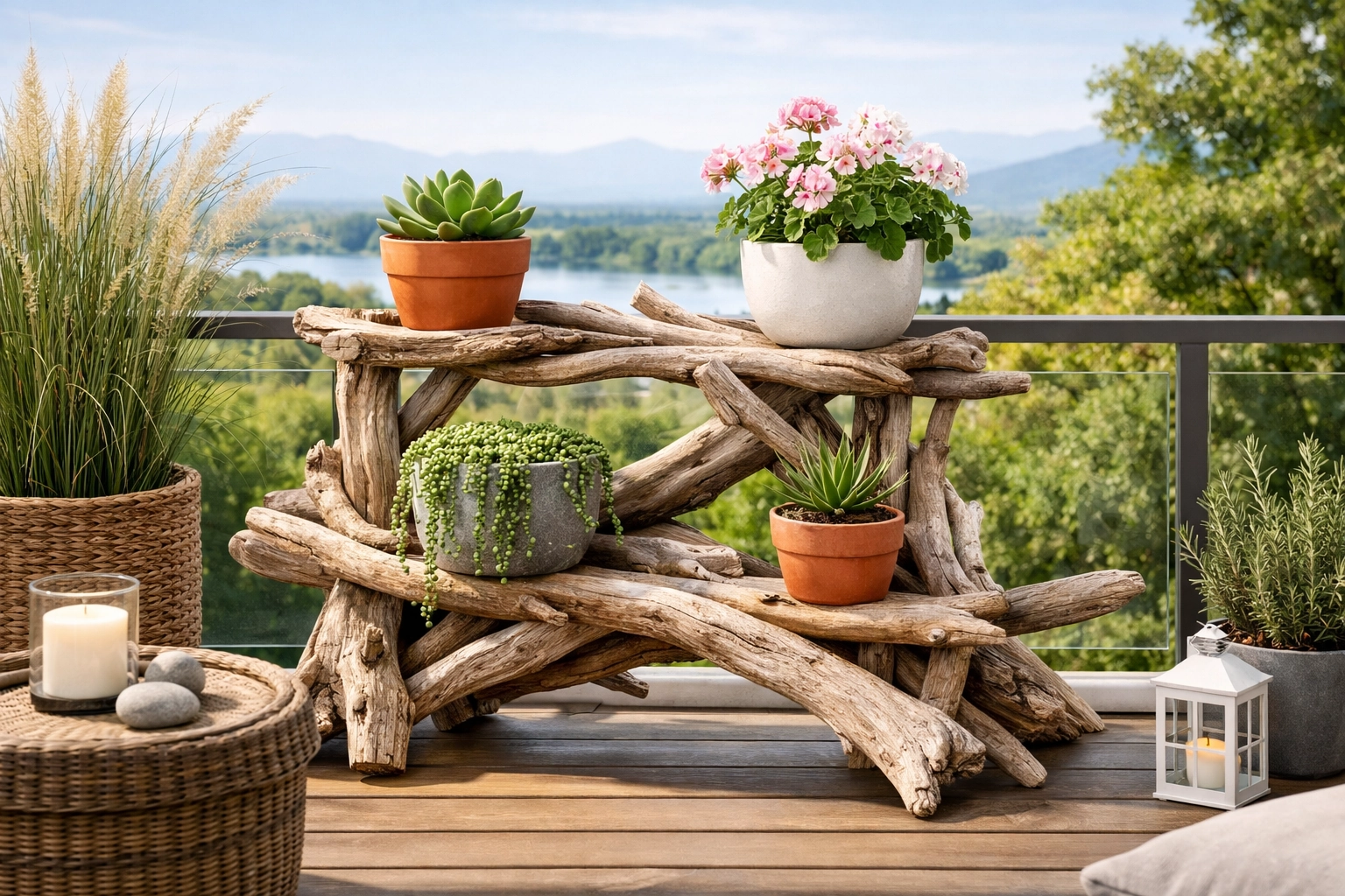 Support pot de fleurs bois flotté naturel DIY sur un balcon avec plantes vertes et herbes aromatiques
