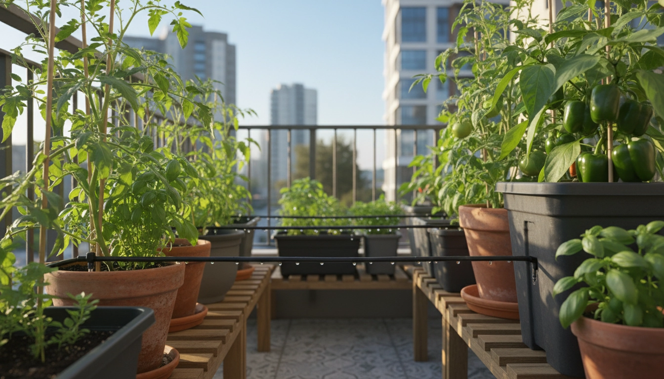 Système goutte à goutte potager balcon automatique avec goutteurs au pied de plants de tomates et basilic sur terrasse urbaine