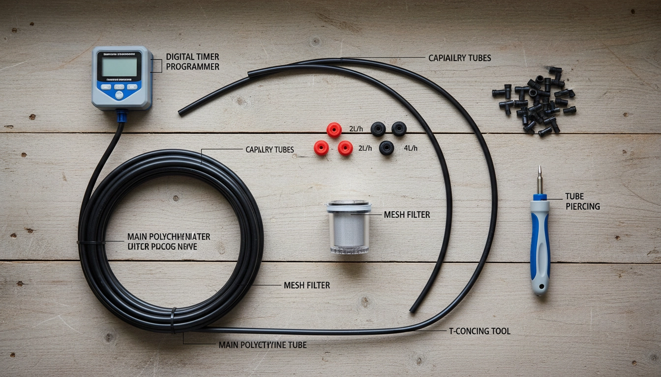 Composants d'un kit d'arrosage goutte-à-goutte automatique pour potager de balcon : programmateur, tuyaux et goutteurs