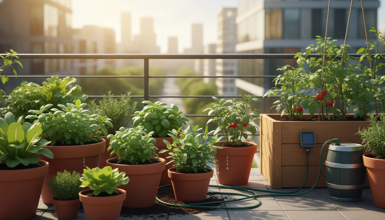 Système goutte à goutte potager balcon automatique installé sur des bacs de tomates et herbes aromatiques en terrasse urbaine