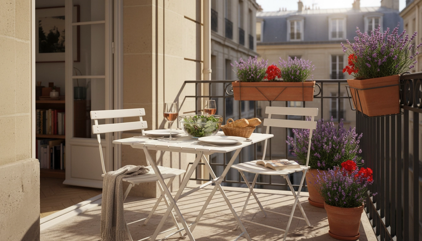 Table pliante balcon petit espace repas extérieur avec deux chaises et un déjeuner servi au soleil
