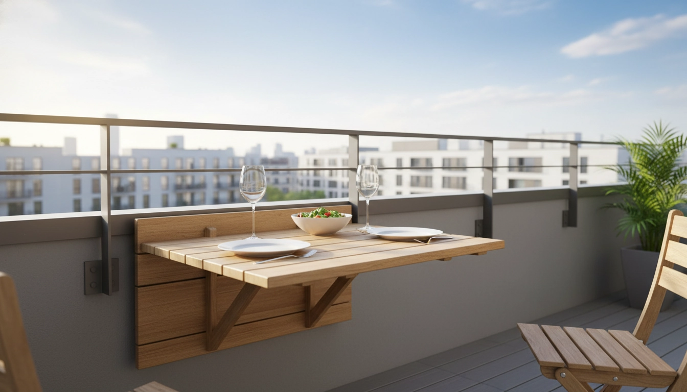 Table pliante sur un balcon fleuri avec une assiette et deux verres posés dessus, ambiance repas extérieur ensoleillé