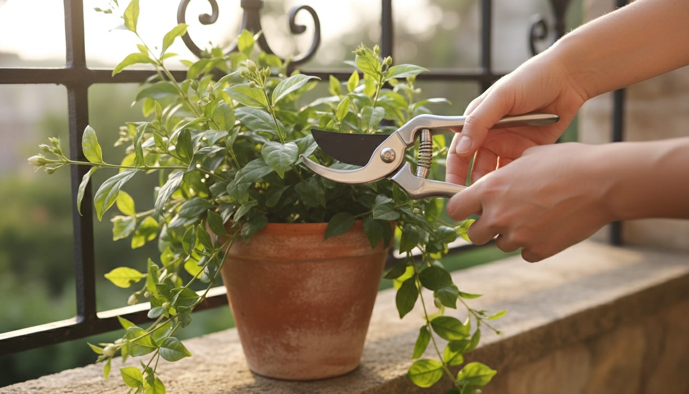 Tailler les plantes grimpantes en pot sur un balcon pour une croissance maîtrisée avec un sécateur propre