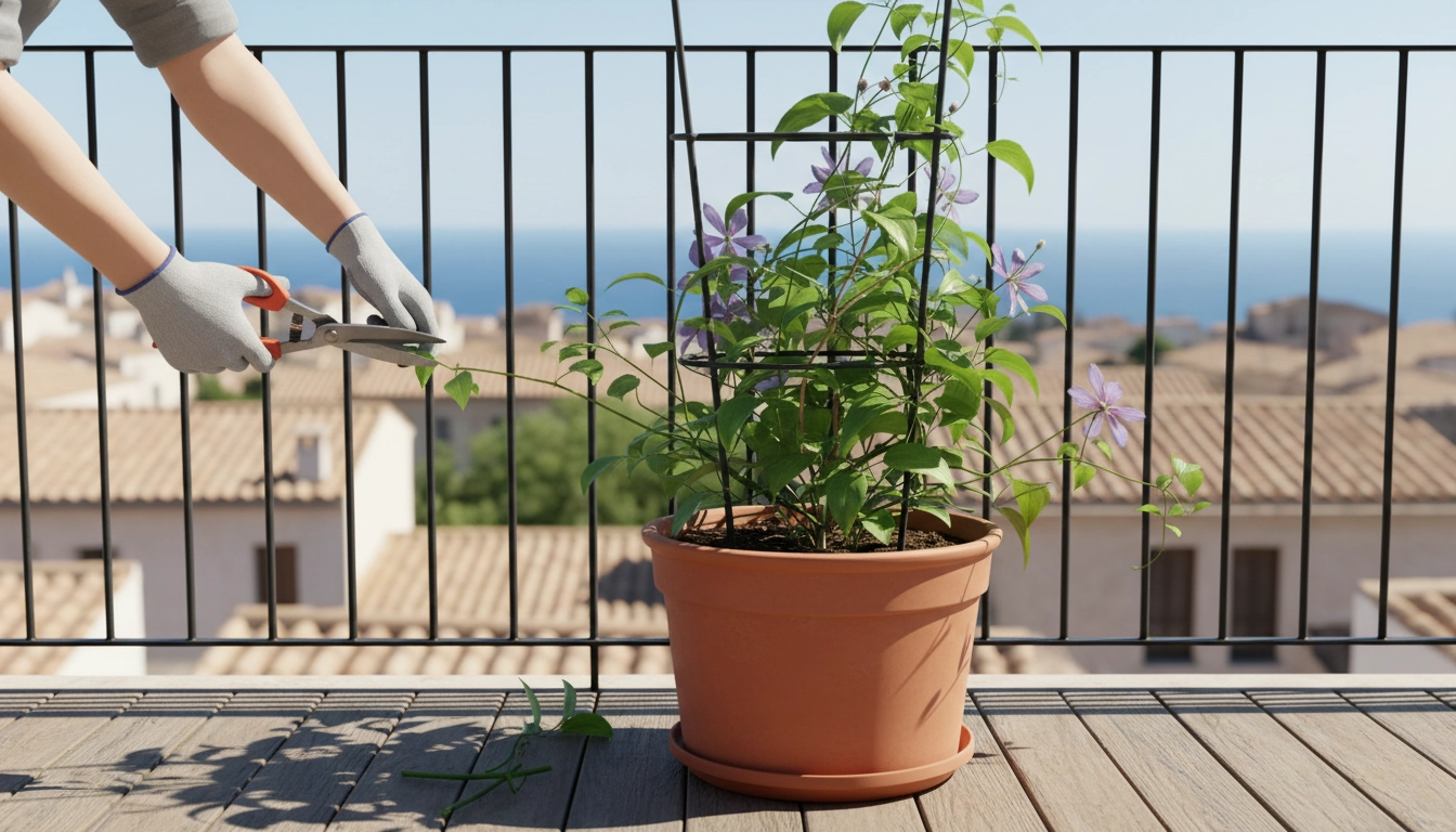 Taille de plantes grimpantes en pot sur un balcon pour une croissance maîtrisée