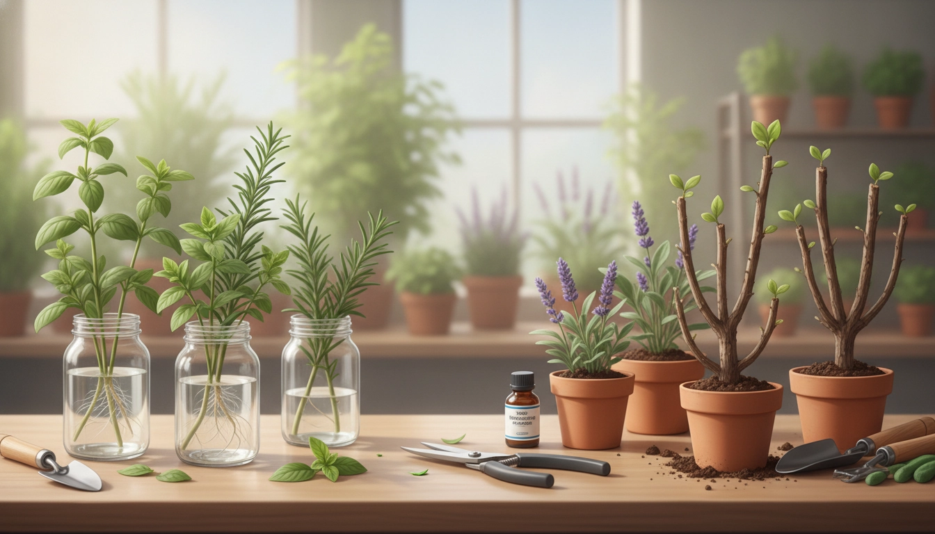 Jardinier effectuant des techniques de bouturage herbacée et ligneuse plantes aromatiques dans son jardin