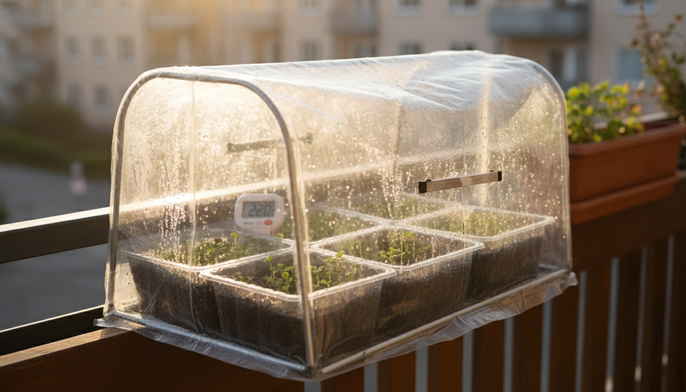 Thermomètre indiquant 22 °C dans une mini serre de balcon pour illustrer quelle température maintenir dans une mini serre balcon pour les semis