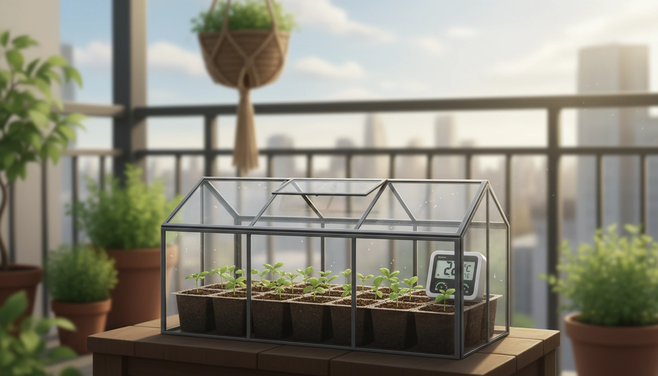 Mini serre de balcon avec des plateaux de semis disposés à l'intérieur, thermomètre visible