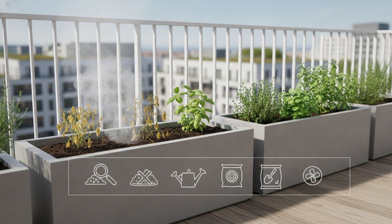 Un jardinier vérifiant la qualité du terreau sur un balcon pour une terreau balcon odeur mauvaise solution efficace.