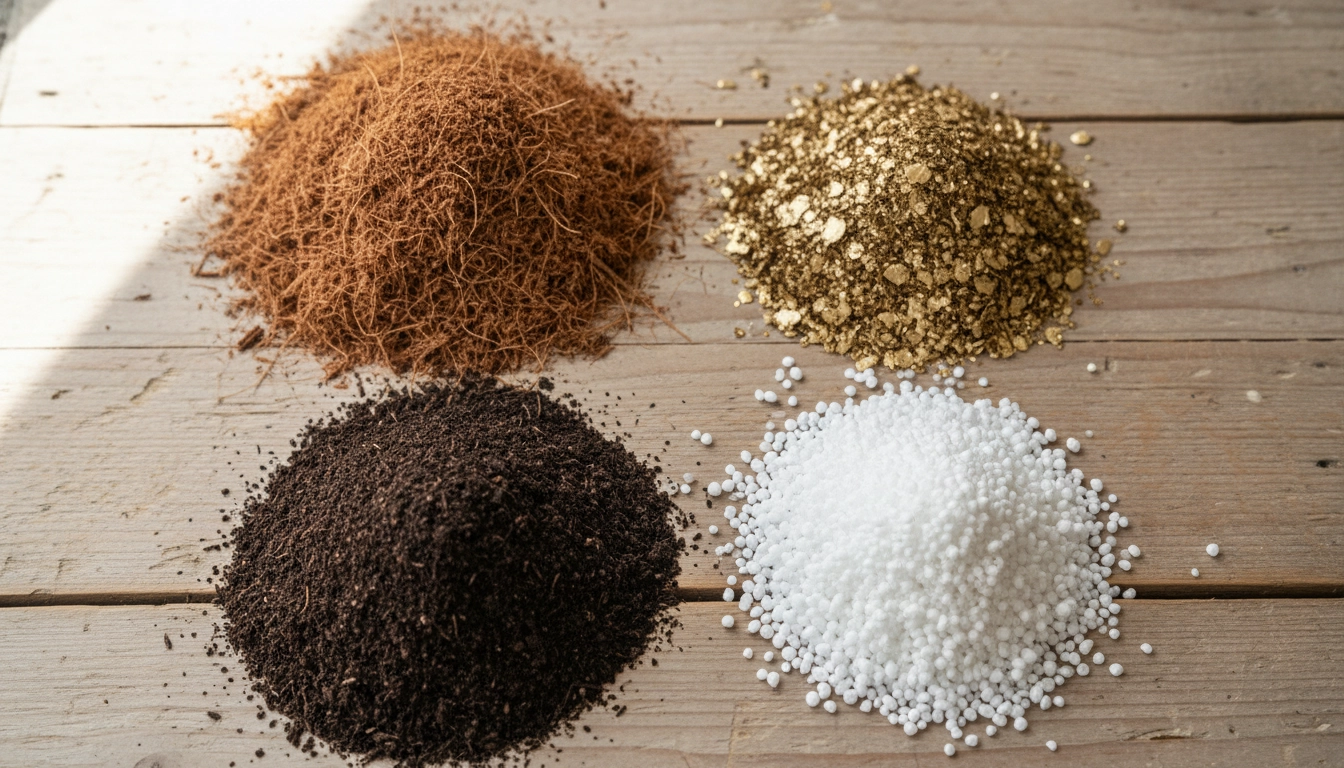 Composants du terreau balcon plantes comestibles potager : fibre de coco, compost, perlite et vermiculite disposés sur une surface en bois