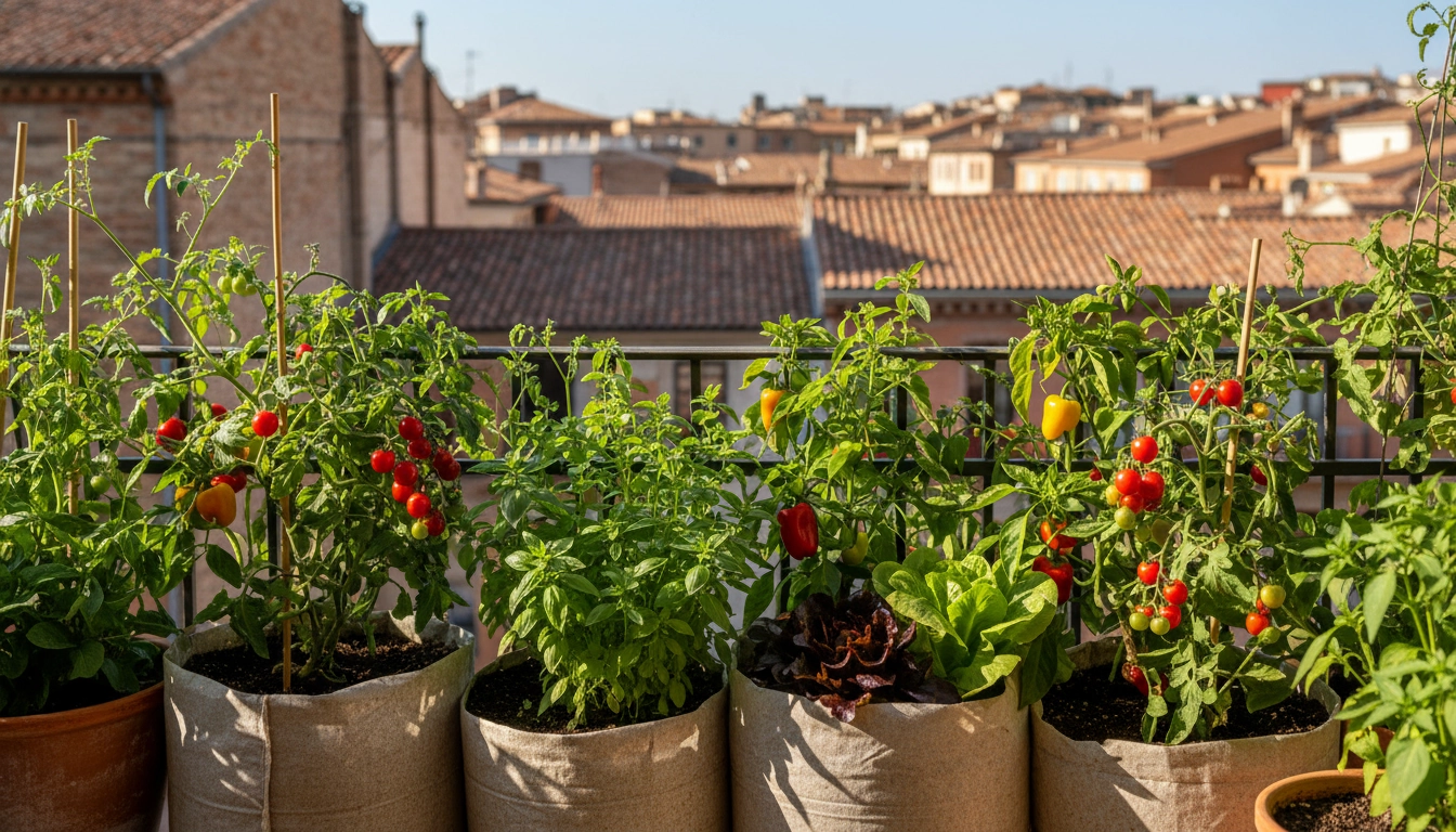 Potager comestible généreux sur un balcon urbain avec tomates, basilic et poivrons cultivés dans le bon terreau balcon plantes comestibles potager