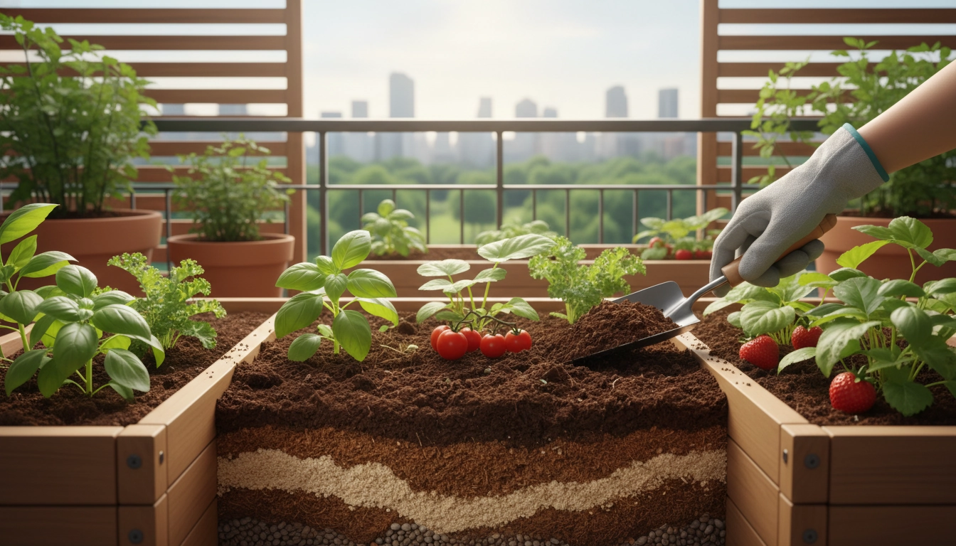Terreau balcon plantes comestibles potager dans des bacs en tissu avec tomates cerises et herbes aromatiques sur un balcon ensoleillé