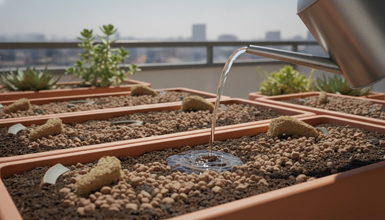Un pot de fleurs sur un balcon en plein été avec un terreau enrichi pour retenir l'humidité pendant la canicule