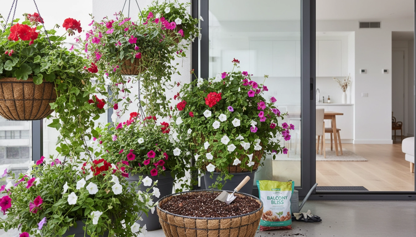 Jardinières suspendues de balcon fleuries avec un terreau léger et drainant