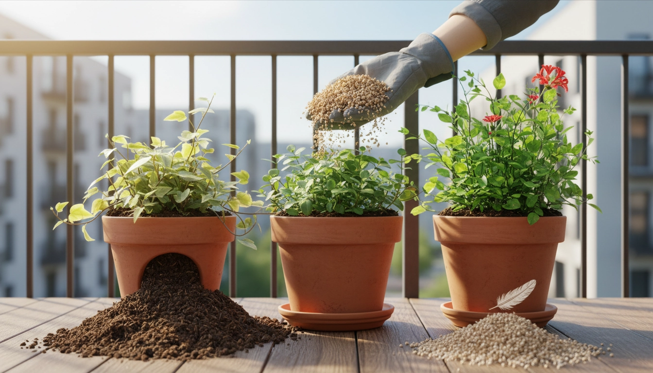 Pot de balcon rempli de terreau spécial balcon légèreté pot avec plantes fleuries