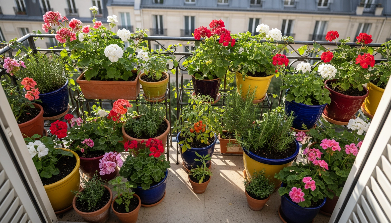 Terreau plantes balcon dans des pots colorés sur une terrasse parisienne ensoleillée