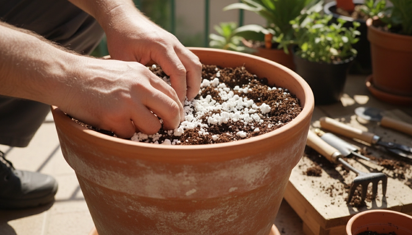 Mélange de perlite dans le terreau d'un pot de balcon pour améliorer le drainage